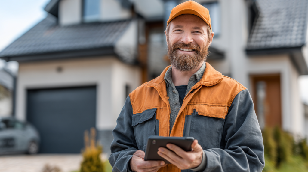 A contractor in an orange cap and jacket stands confidently outside a modern home, ready to share proven strategies for getting more reviews. Discover actionable tips to boost your contractor business’s reputation—only on Hook Agency.