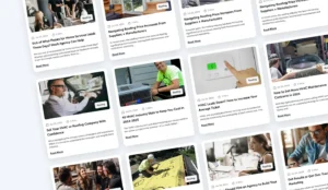 Hook Agency Home Services Blog: A grid layout featuring various articles with images. Topics include roofing and HVAC services, industry strategies, and maintenance tips. Each card includes a title, brief summary, publication date, and a 'Read More' button.