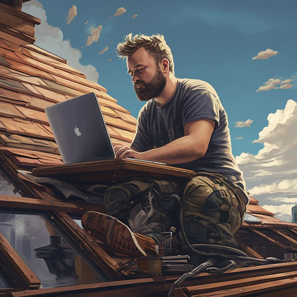 A man with a beard sits on a rooftop, deeply focused on his laptop with an apple logo. Dressed in a gray t-shirt and camouflage pants beneath the clear sky, he's likely crafting "Content Marketing for Roofing: The Ultimate Guide," as sunlight dances across the roof tiles, highlighting his concentration.