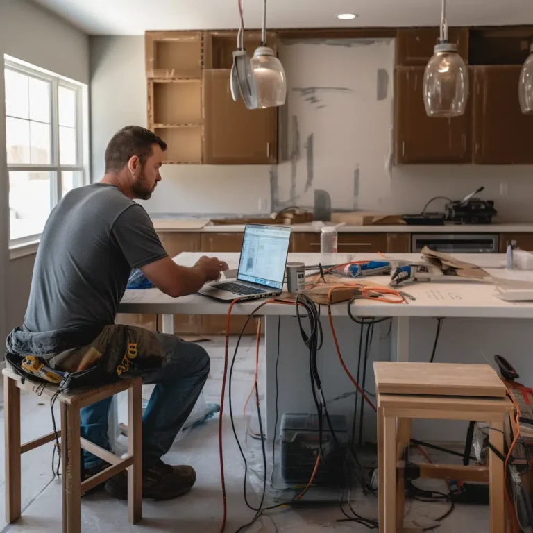 A contractor diligently updates his SEO strategies on a laptop while sitting at a kitchen island amidst an ongoing renovation. Surrounding him are tools and cables, with open cabinets in the backdrop. Pendant lights provide illumination from above.
