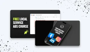 free home services marketing courses: The image showcases two cards: one promotes free home services marketing courses with an arrow icon, while the other features a phone displaying "Contractors Social Media Course" next to Facebook, LinkedIn, and Instagram logos. The background exudes a subtle speckled design.
