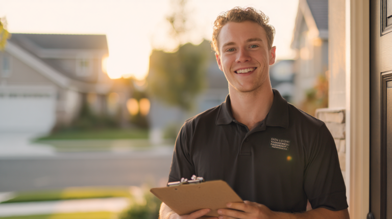 Smiling new salesperson in black polo shirt holds clipboard at door, with a suburban neighborhood in soft evening light behind.