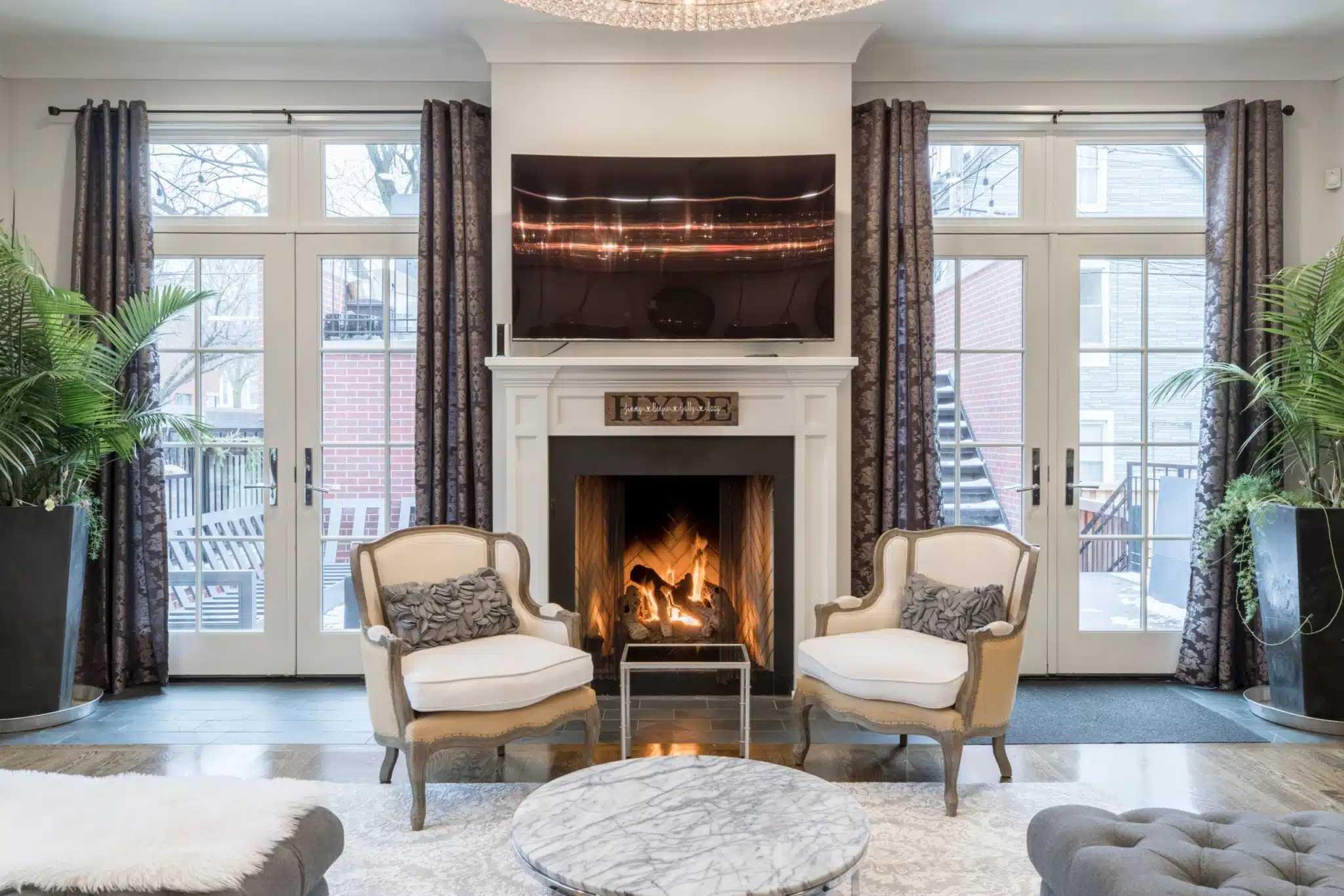 Beautiful fireplace with two chairs
