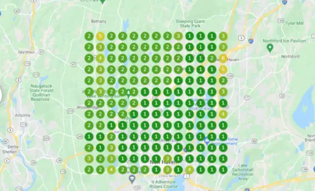 Explore our strategic map featuring a grid overlay with multicolored numbered circles (1, 2, 3, 5, 6), representing proven tactics for generating superior leads near Sleeping Giant State Park. The detailed background highlights towns, parks, lakes, and roads with clear labels to optimize your roofing marketing initiatives.