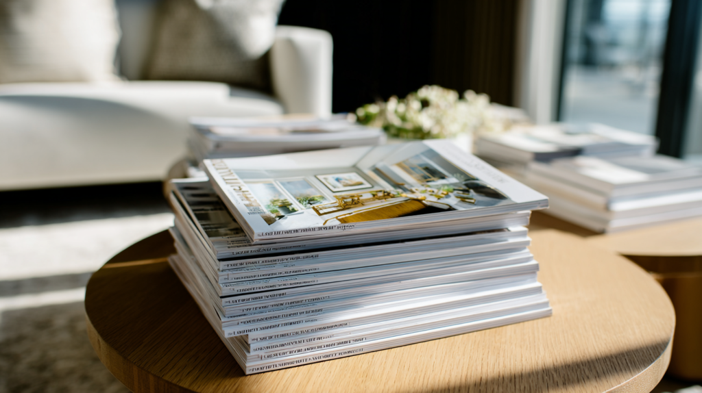 A stack of magazines on a table highlights key trends and lead generation strategies for high-end home builders on Hook Agency.