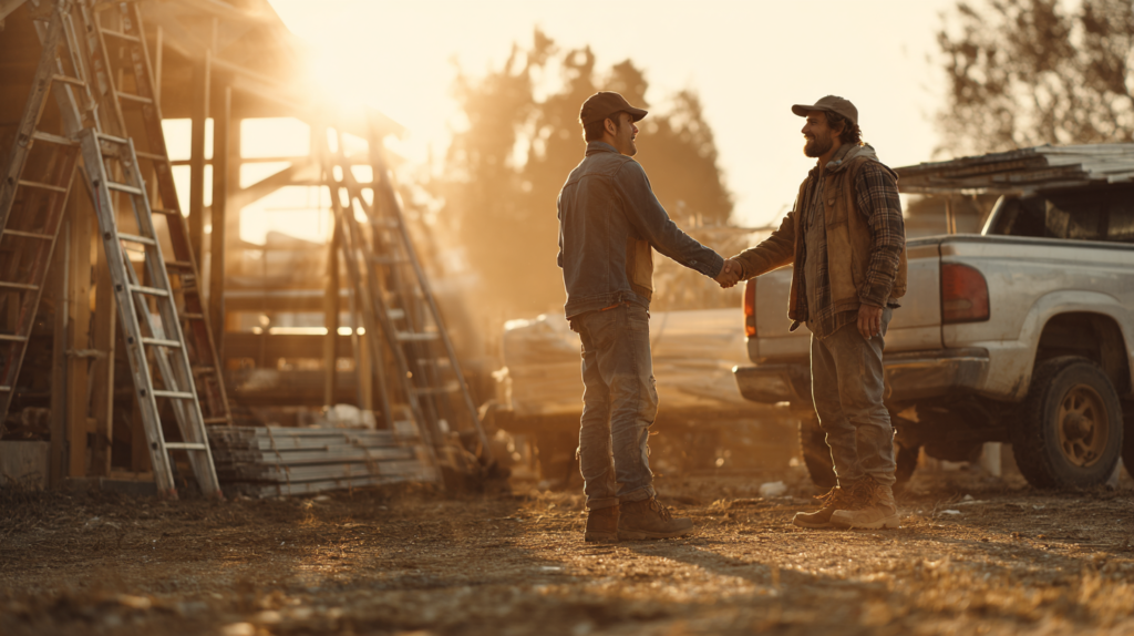 Two men in work clothes shake hands at a construction site during sunset, surrounded by building materials, ladders, and a white pickup truck—an ideal setting to recruit top roofing sales talent for your growing team.
