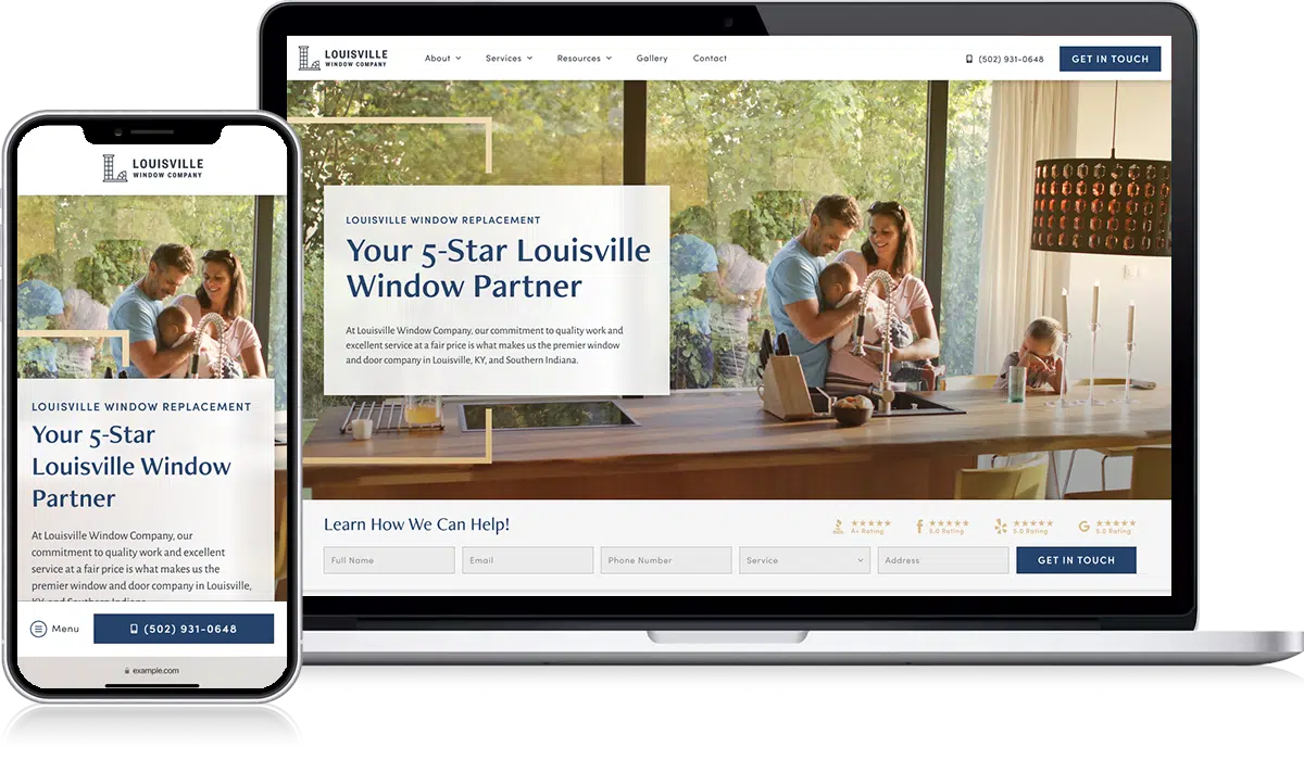 Displayed on a smartphone and laptop, the Louisville Window Replacement website features an inviting image of a family in a sunlit living room. The site provides comprehensive information on services, customer reviews, case studies, and contact details for easy access.