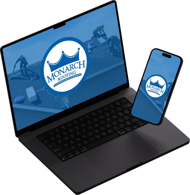 The Monarch Roofing logo, featuring a crown and bold text, is prominently displayed on a laptop and smartphone. In the background, skilled roofers work with unwavering dedication.