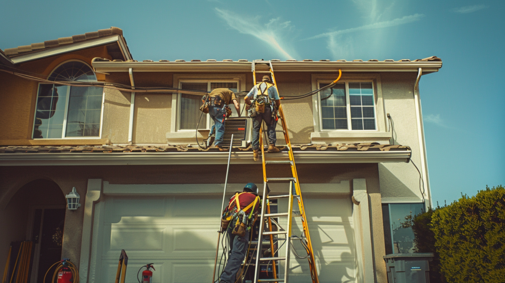 Three technicians, equipped with safety gear and professional tools, install or repair equipment on the second-floor exterior of a beige home with a two-car garage. Their use of ladders and visible expertise demonstrates Hook Agency’s commitment to skilled, reliable home services.