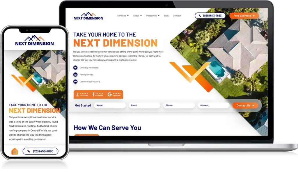 Displayed on a laptop and smartphone, the "Next Dimension" logo and aerial view of a modern home greet visitors with a call to "Elevate Your Home to the Next Dimension." Choose from options like "Get Started," request a "Free Estimate," or explore insightful case studies. Contact information and phone number are prominently available for easy access. Roofing website design inspiration