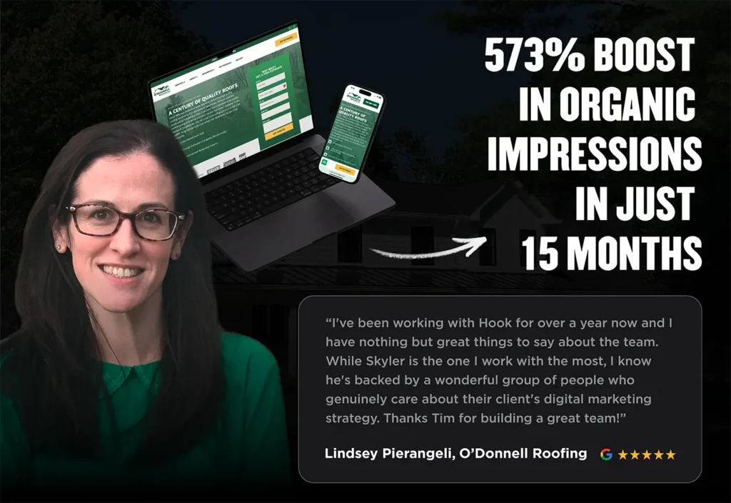 A woman with glasses stands confidently against a dark background, showcasing a laptop and smartphone displaying the same website. Achieve remarkable growth like O’Donnell Roofing Co., which saw a 573% increase in organic impressions in just 15 months. Read the enthusiastic customer testimonial below.