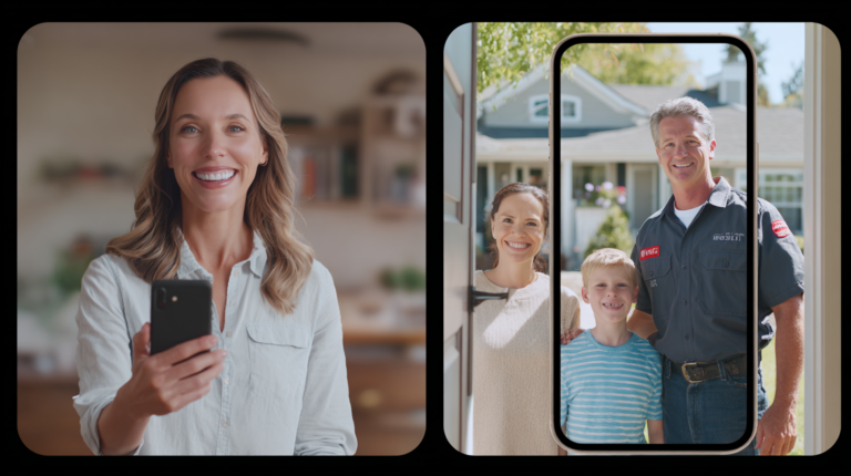 A woman smiles indoors while holding a smartphone. Beside her, a phone screen displays a video of a roofer in uniform with a happy family outside their home—demonstrating the impact of effective video marketing.