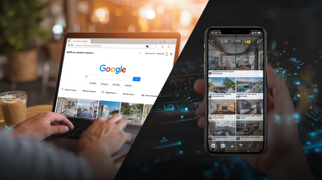 Split image: left side shows Google search on a laptop, right side displays real estate listings on a smartphone; illustrates SEO vs SMM.