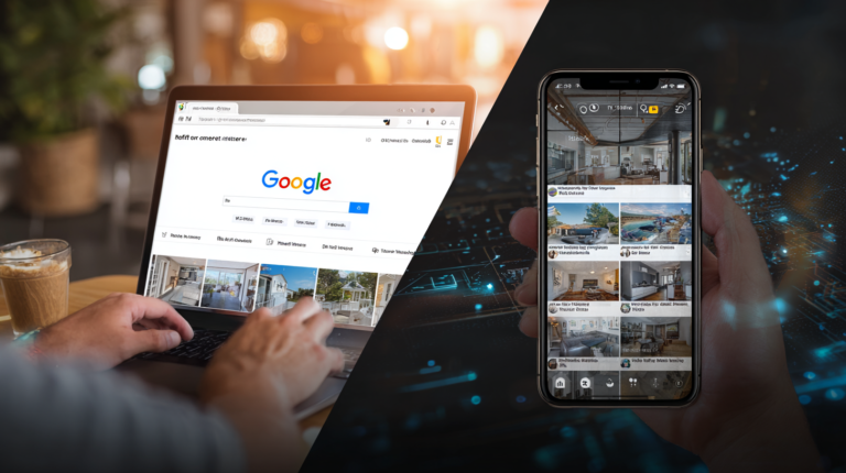 Split image: left side shows Google search on a laptop, right side displays real estate listings on a smartphone; illustrates SEO vs SMM.