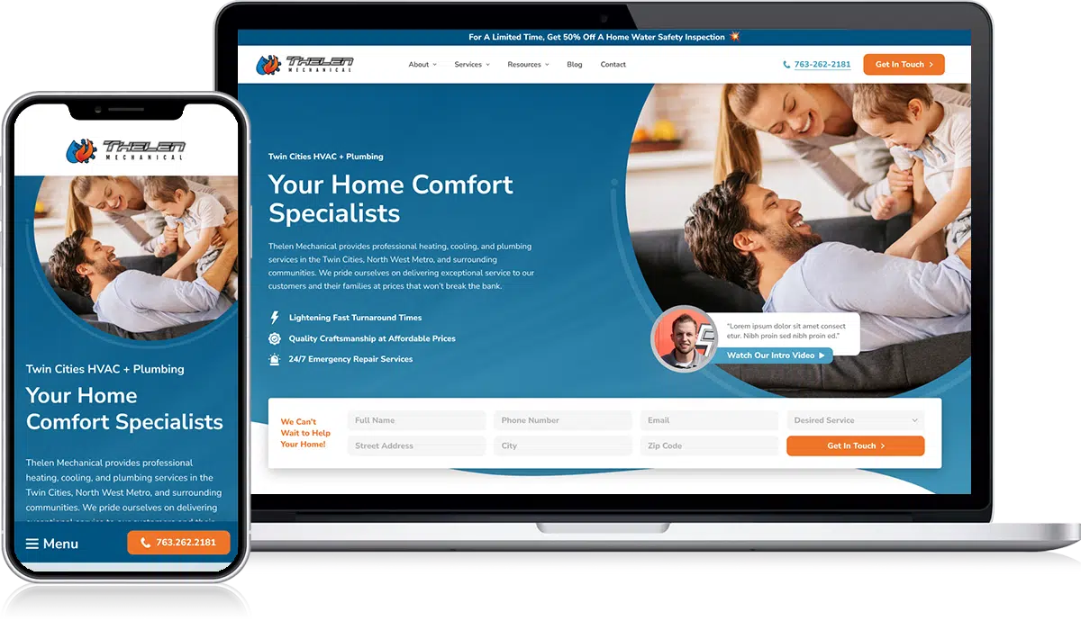 Explore our home comfort services with confidence. View our user-friendly website featuring HVAC and plumbing solutions, showcased through insightful case studies. Connect with us directly using the bold red "Get in Touch" button or schedule a video consultation today.