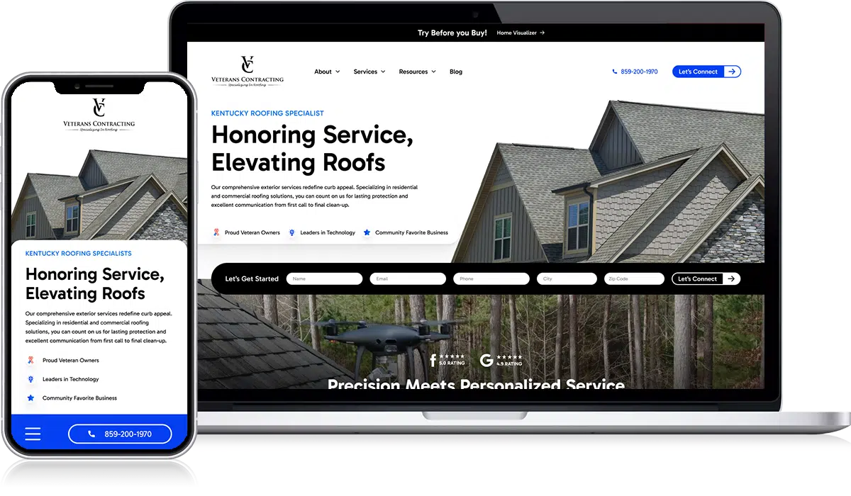 On Hook Agency's website, a responsive design example highlights a roofing service company on both smartphone and laptop screens. The homepage prominently features roof images, drone visuals, contact buttons, case studies, and detailed service descriptions.