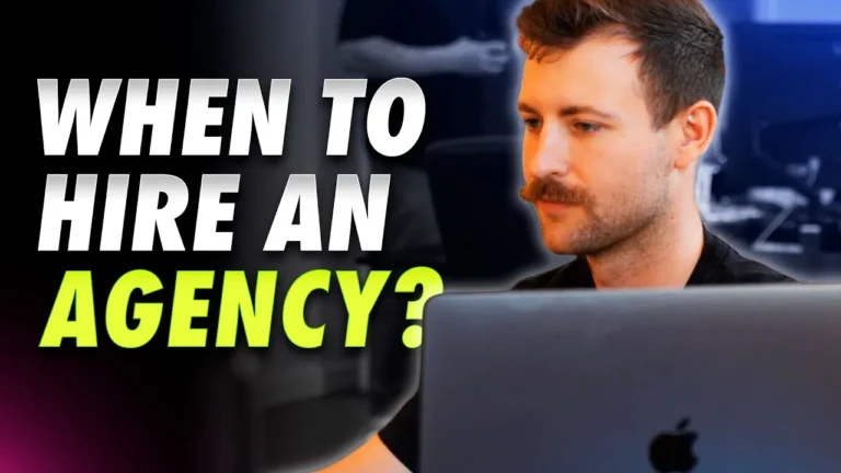 A mustached man works on a laptop next to “WHEN TO HIRE AN AGENCY?” Emphasizes reviewing Hook Pricing before deciding.