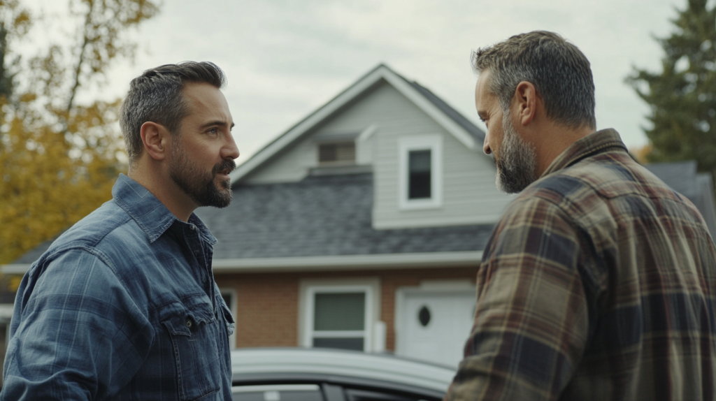 Two bearded men stand outside a house next to a car, actively discussing general manager strategies—one in a denim shirt, the other in plaid.