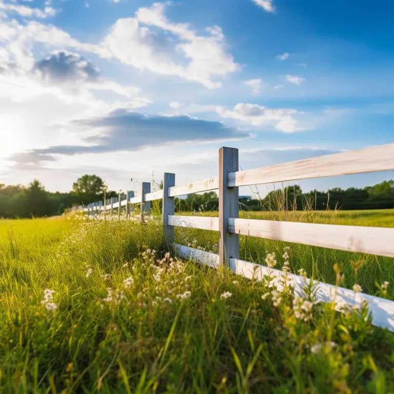 A white wooden fence, expertly crafted by a reputable company, spans a vibrant green field under a sky dotted with clouds. As the sun sets, it bathes the grass and wildflowers beside the fence in a warm glow.
