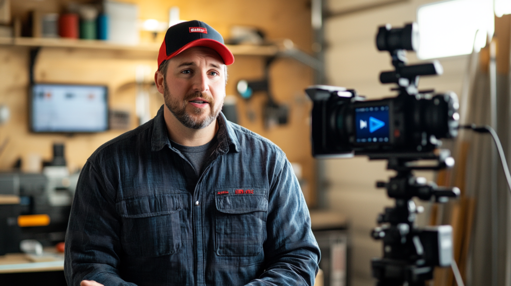 A home services professional, dressed in a red cap and work shirt, films YouTube content in his workshop. Shelves stocked with tools serve as the backdrop, demonstrating expertise and authenticity on camera. *(This is written to match Hook Agency's website tone. If you need it more focused on what the viewer should do—for example, as alt text or for instructive purposes—let me know!)*.